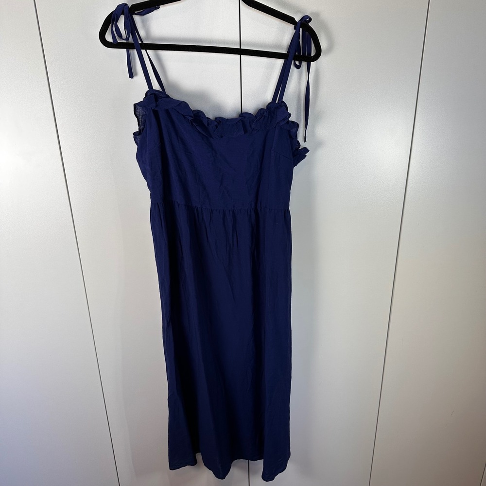 BCBG Paris Navy Blue Midi Dress Ruffle Trim Tie Strap Women's‎ Sz Large